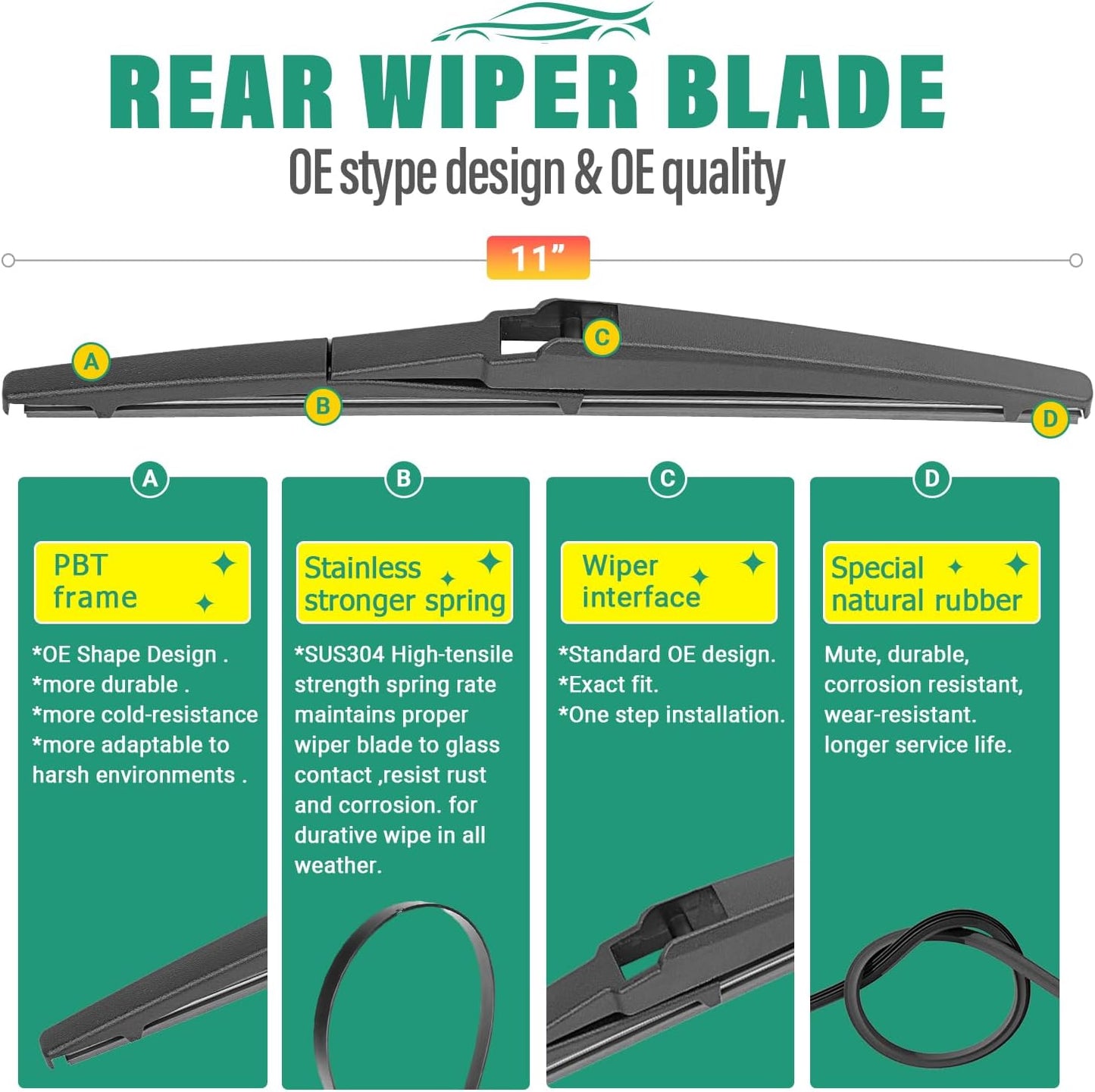 18" 18" 11" Windshield Wiper Blades Replacement for Chevy Chevrolet HHR 2006 2007 2008 2009 2010 2011 Premium All Weather Front Rear Wipers Set - OEM Quality (Pack of 3)