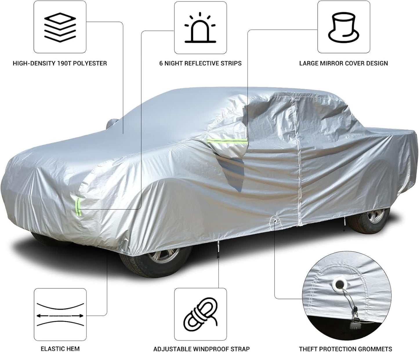 Tecoom Truck Cover Waterproof All Weather, Breathable Light Shell Outdoor Pickup Cover with Zipper Door/Lock Sun UV Dust Protection Car Covers for Automobiles Universal Fit Tundra (Length Up to 212")