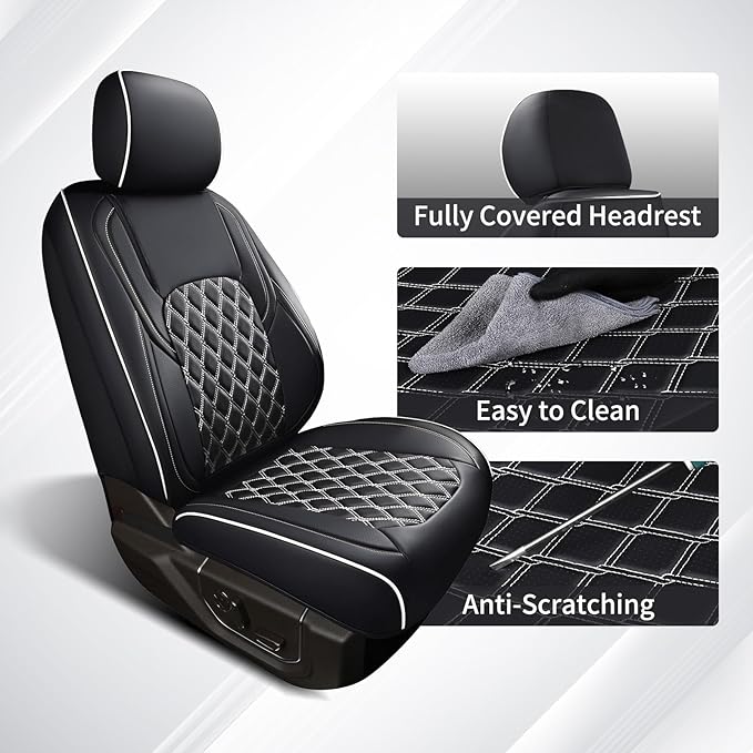 Huidasource F150 Front & Back Leather Seat Covers Accessories Fit for 2015-2025 F150 SuperCrew & 2017-2025 F250 F350 F450 Super Duty Crew Cab XL XLT Lariat King Ranch Platinum(Full Set/Black&White)
