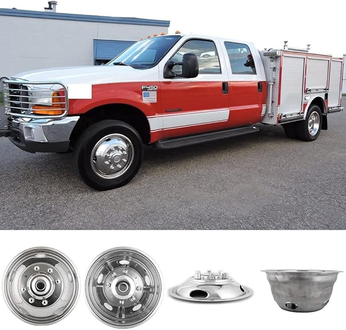 4pcs 19.5" Polished Stainless Steel Dually Wheel Simulators, Nice Looking and Durable Bolt On Wheel Cover,8 Lug Hubcaps Fit for Ford 1999-2004 F450/F550 Truck with Installation Tool Kit C19F8