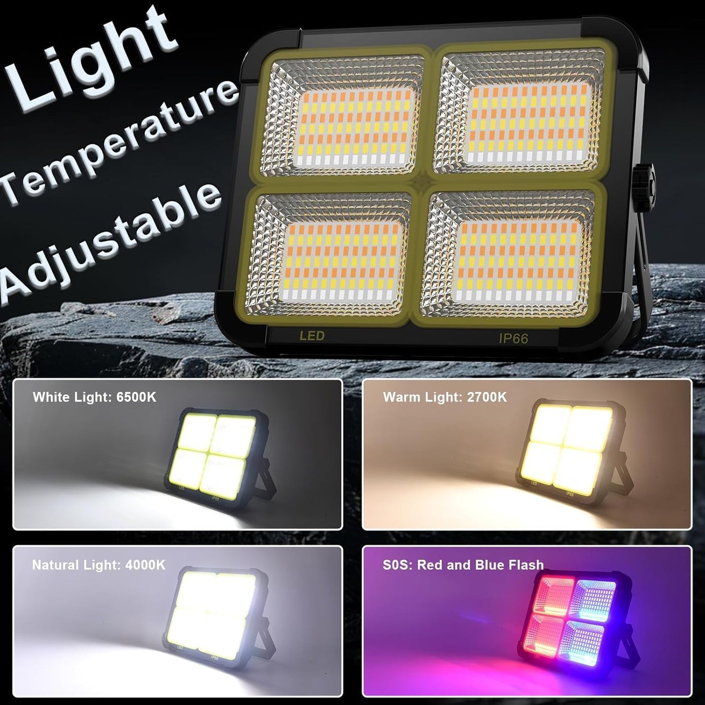 Portable LED Work Solar Light 100W 16500mAh 10000 LM with Stepless Brightness Job Site Battery Rechargeable LED Floor Light for Emergency Worklight for Hurricane (Black)