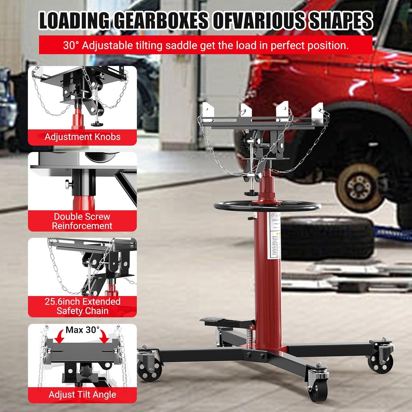 Transmission Jack, 1322lbs Hydraulic Telescoping Transmission Jack, 34.3"-68.5" High Lift, 2-Stage Transmission Jack Stand 3/5 Ton Capacity with Foot Pedal, 360° Swivel Wheel