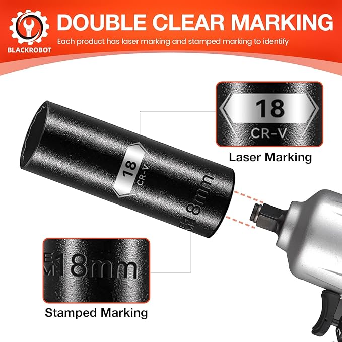 BLACKROBOT 18 mm 12-Point Deep Impact Socket, 1/2 Inch Drive, Metric, Cr-V Steel With Black Manganese Phosphate Coating