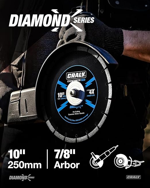 CRALY 10 Inch Segmented Diamond Blade, 7/8 in Arbor, 10'' General Purpose Diamond Stone Blade for Angle Grinder, Mitre Saw & Tile Saw, for Cutting Paver, Masonry, Concrete, Brick, Block, Marble