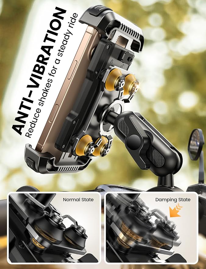 Lamicall Motorcycle Phone Mount Holder - [Metal Extension Arm] [Dual Vibration Dampener] Motorcycle Cell Phone Mount, Bike Bicycle Handlebar Phone Clamp, for iPhone 16/15/ 14 Pro Max, 4.7-6.7" Phones