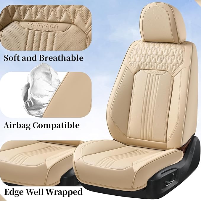 Coverado Seat Covers, Car Seat Covers Front Seats, Beige Seat Cover, Waterproof Car Seat Cushion, Front Car Seat Covers Leatherette Car Seat Protector Universal Fit Most Cars