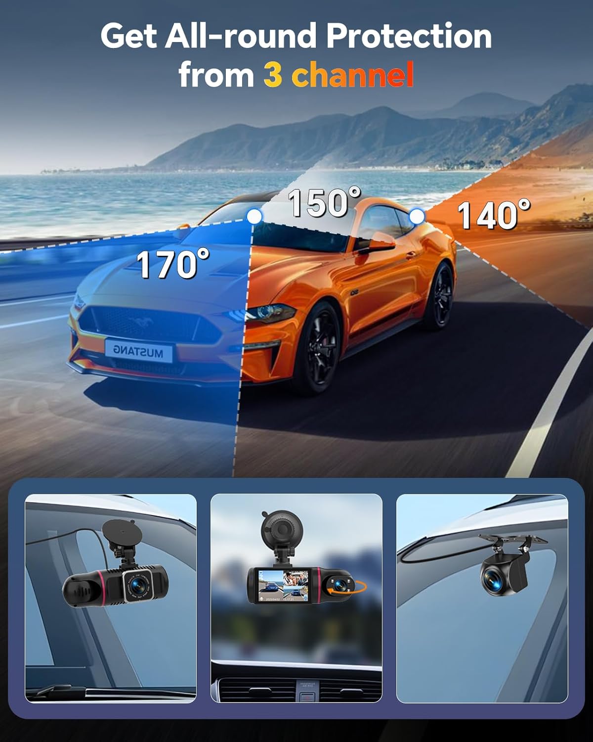 Dash Cam Front and Rear Inside, 1080P 3 Channel Dash Camera for Cars with 64GB Card, Super Night Vision Dashcam, Car Camera with Loop Recording, G-Sensor, WDR, 24H Parking Monitor