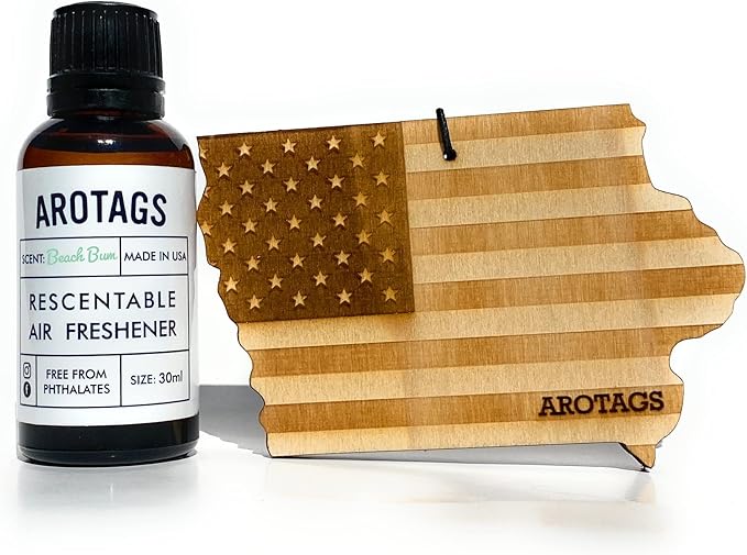Arotags Car Air Freshener - Reusable Wood Diffuser - Hanging Odor Eliminator - Iowa Patriot - Beach Bum Scent
