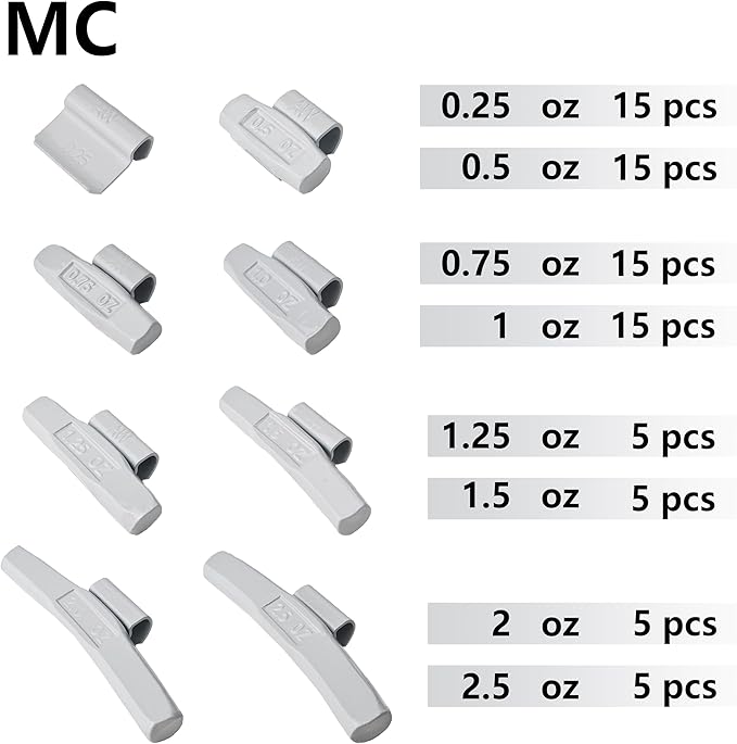 MC-M80 Wheel Weight Kit MC Style 80pcs/kit, Grey 80pcs/kit: 0.25oz, 0.5oz, 0.75oz, 1oz 15pcs Each, 1 1.25oz, 1.5oz, 2oz and 2.5oz 5pcs Each
