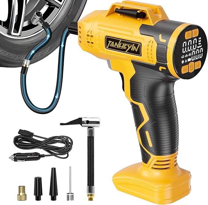 Tire Inflator Portable Air Compressor Compatible with Dewalt 20V Battery, DC 12V Car Power Supply, 160PSI Cordless Air Pump with LCD Pressure Gauge, LED Light, 5 Preset Modes for Car, Bike, Ball