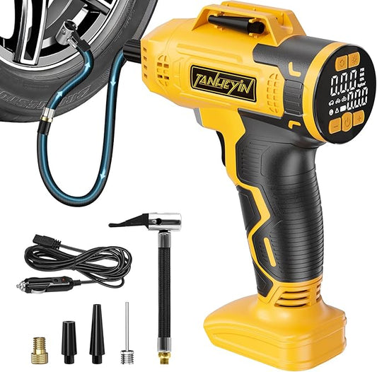 Tire Inflator Portable Air Compressor Compatible with Dewalt 20V Battery, DC 12V Car Power Supply, 160PSI Cordless Air Pump with LCD Pressure Gauge, LED Light, 5 Preset Modes for Car, Bike, Ball