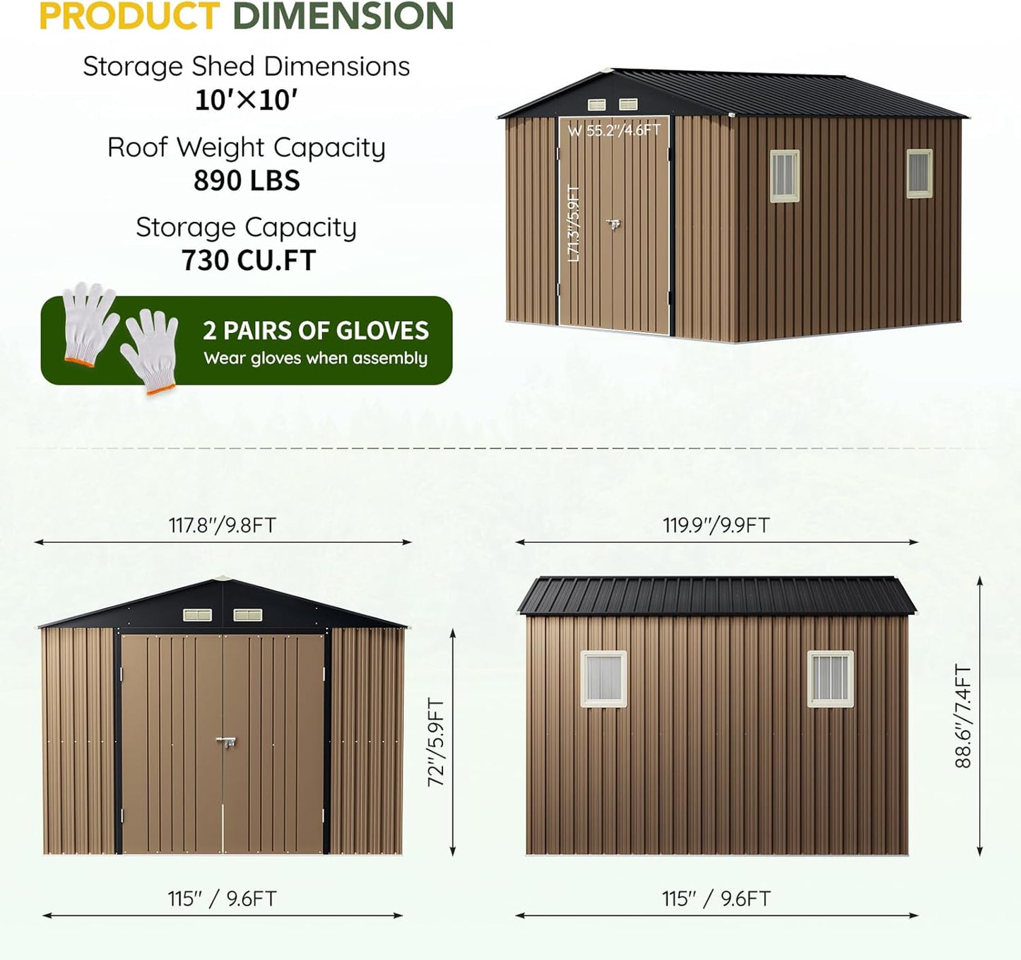 Breezz Outdoor Storage Shed 10 x 10ft. Utility Tool Shed Metal Storage Garden Shed with Lockable Doors & Windows for Patio Storage,Brown