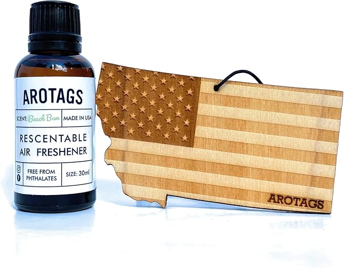 Arotags Car Air Freshener - Reusable Wood Diffuser - Hanging Odor Eliminator - Montana Patriot - Beach Bum Scent