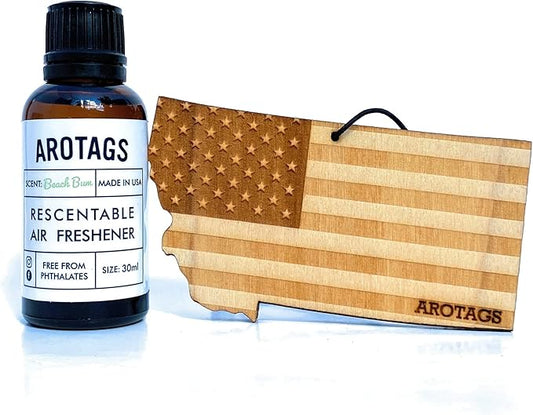 Arotags Car Air Freshener - Reusable Wood Diffuser - Hanging Odor Eliminator - Montana Patriot - Beach Bum Scent