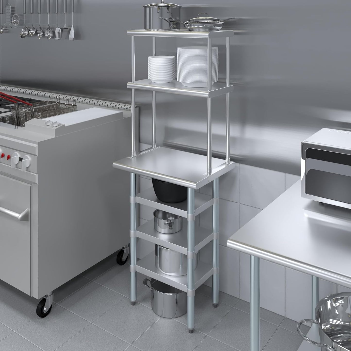 Amgood 18" x 24" Stainless Steel Work Table with 3 Shelves and 12" Wide Double Tier Overshelf | Metal Kitchen Prep Table & Shelving Combo | NSF