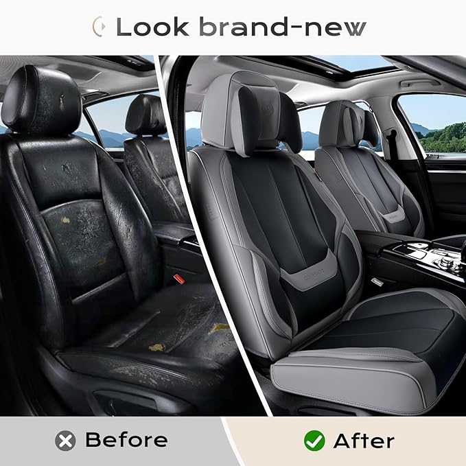 Coverado Seat Covers, Car Seat Covers Front Seats, Car Seat Cover, Car Seat Protector Waterproof, Seat Cushion Nappa Leather with Head Pillow, Carseat Cover Universal Fit for Most Cars (Gray&Black)