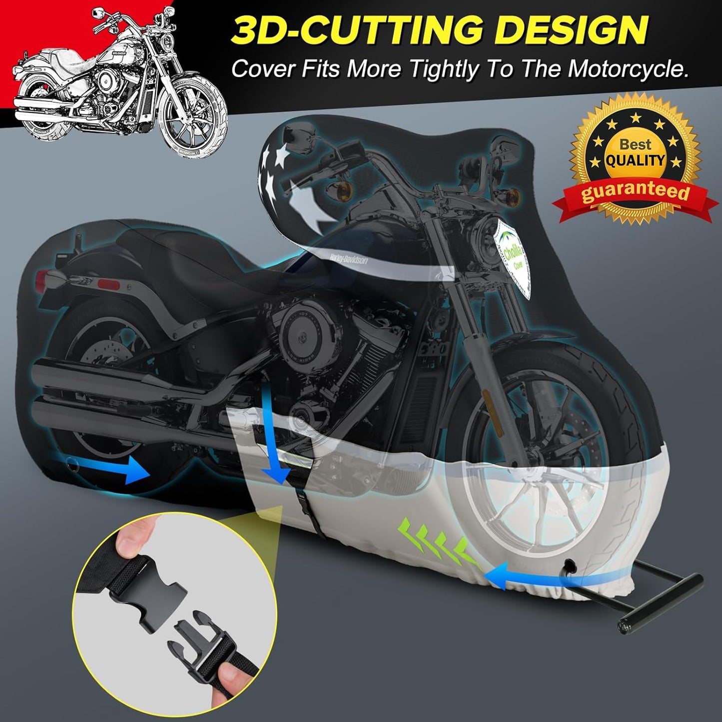 CholilaCover Motorcycle Cover for Touring Models - 600D Harley Davidson Motorcycle Cover Nightster, Sportster, Fat Boy - Waterproof Outdoor Storage - Black+Gray