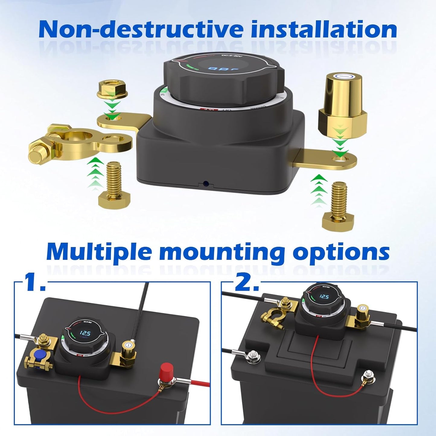 MaySpare Top Post Battery Disconnect Switch with Digital Voltage Display, DC 5-80V On Off Kill Switch, Voltmeter Power Cut Master Disconnect Isolator for Car RV Marine Boat Camper Truck Trailer
