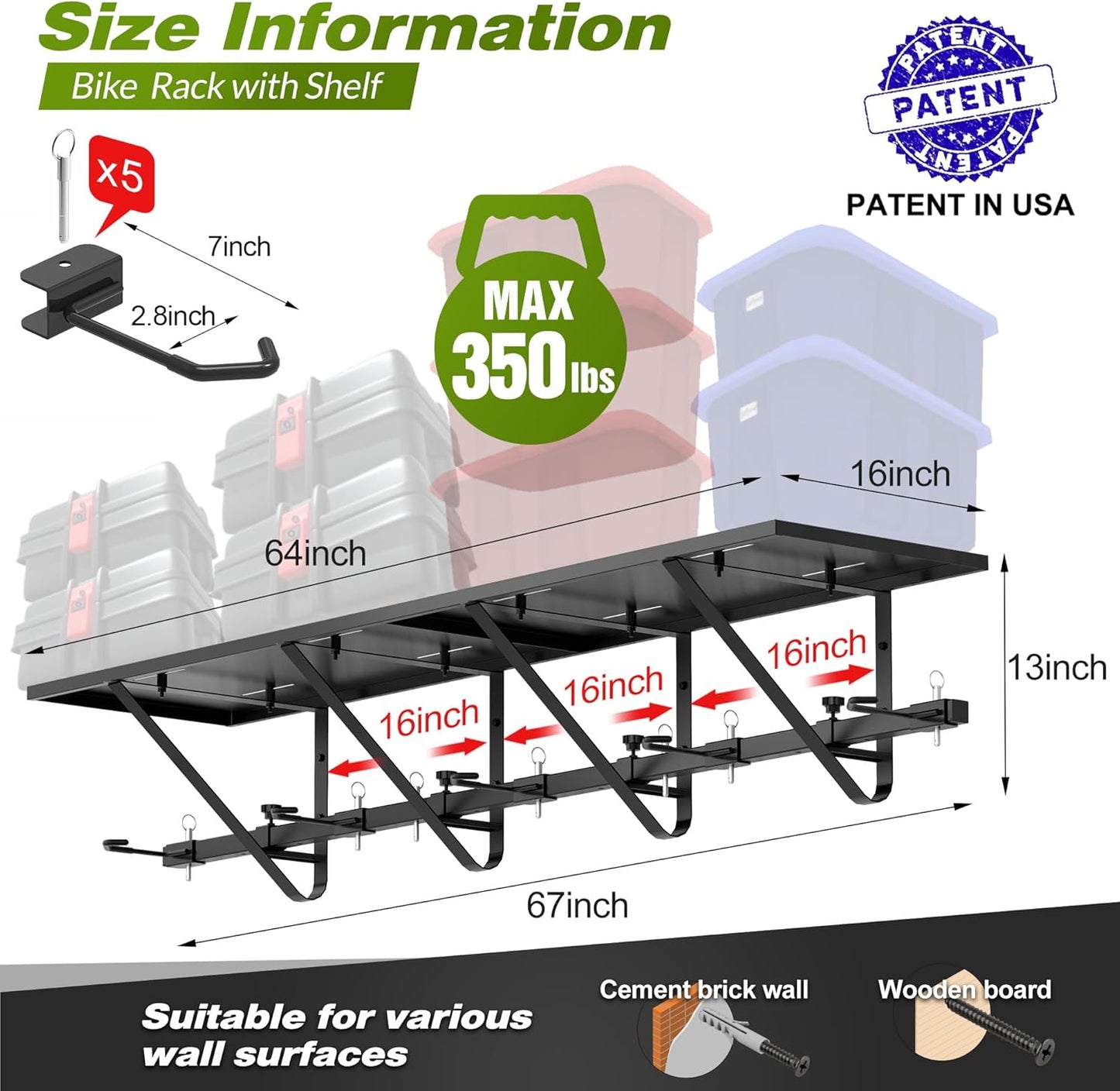Bike Storage Rack with Shelf, Bike Wall Mount Garage Stand, Bike Hanger Storage Bicycles Hanger Hooks Bike Hooks for Garage Organizer