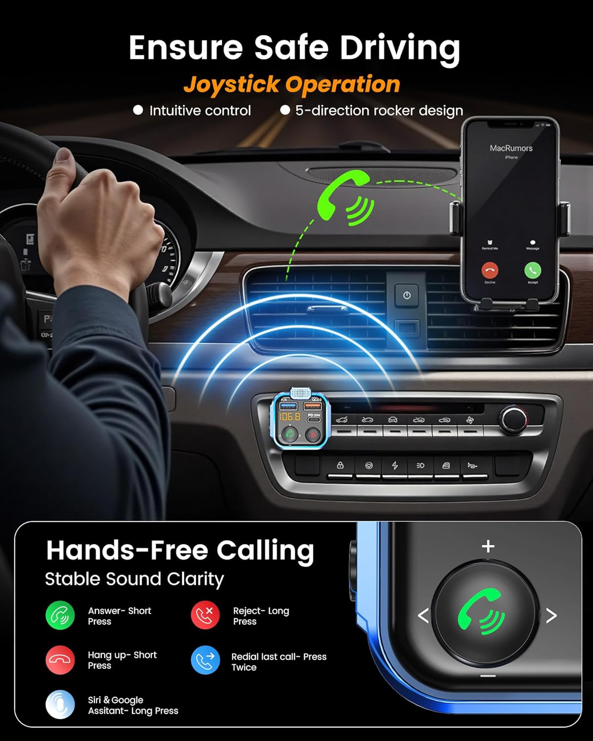 LENCENT FM Transmitter in-Car Adapter, Type-C PD 20W+ QC3.0 Fast USB Charger, Wireless Bluetooth 5.3 Radio Car Kit, Hands-Free Calling, MP3 Player Receiver Hi Fi Bass, Support U Disk