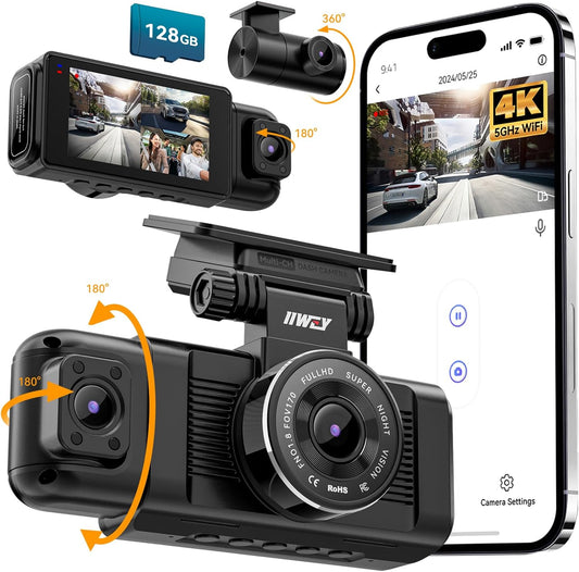 iiwey N7 3 Channel Dash Cam Front and Rear Inside 3K+1080P+1080P with 128GB SD Card, 5GHz WiFi, Rotatable Side Camera for Car, IR Night Vision, 24/7 Recording, G-Sensor, Parking Mode