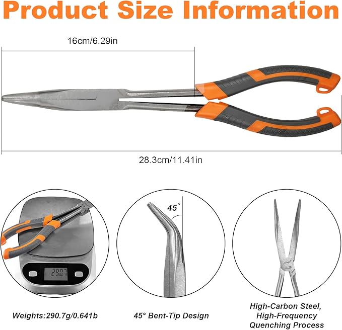 11 Inch Long Needle Nose Pliers - 1 Piece Set of Long Handle Pliers - 45° Curved Steel Designed for Machinists, Technicians and Contractors