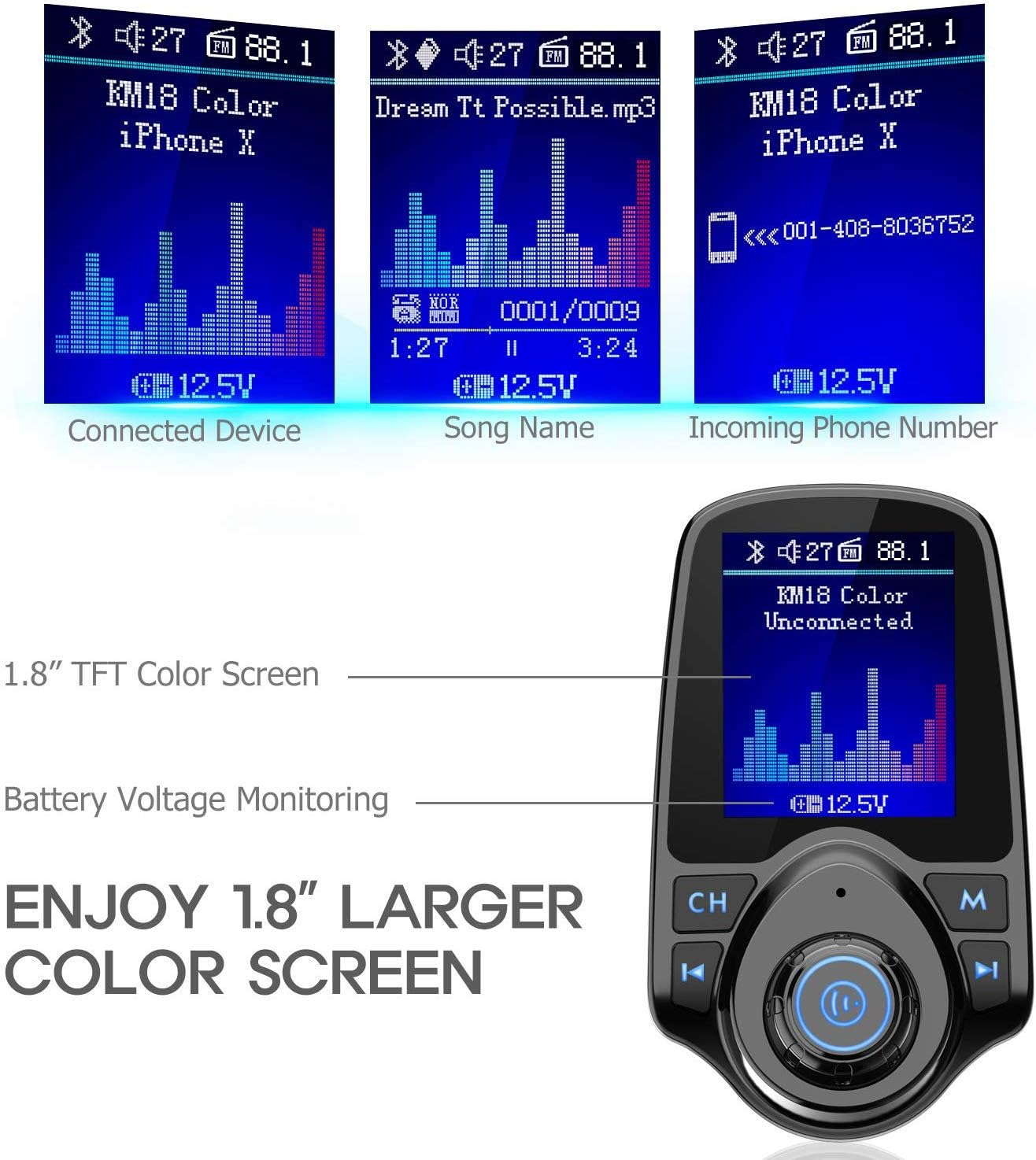 Nulaxy Bluetooth FM Transmitter for Car, 1.8" Color Screen Radio Adapter W QC3.0 & 5V/2.4A Charging, Handsfree Call, Support microSD Card, Aux Play, EQ Modes - KM18 [Upgraded Version] Black