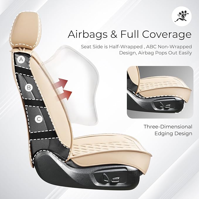 Huidasource Beige Seat Covers Full Set, Nappa Leather Seat Cover Hollow Design Airbag Pops, Front ＆ Back Seat, 5 Layers Seat Covers for Most Cars, Vans, Trucks, SUVs Universal Fit (Full Set/Beige)