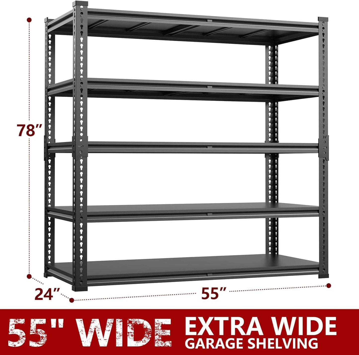 78” H x 55”W x 24”D Metal Garage Shelving, Adjustable 5 - Tier Basement Shelving, Easy Assembly, Large Size Heavy Duty Storage Rack for Garage, Basement & Workshop
