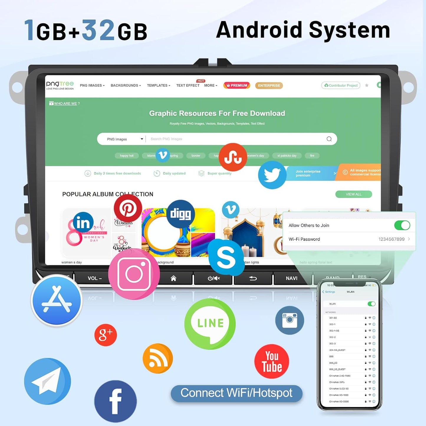 Car Radio for VW Passat Jetta Golf Skoda Polo, [1G+32GB] 9 inch Touch Screen Android Volkswagen Stereo with Wireless CarPlay Android Auto Bluetooth GPS WiFi FM+Backup Camera