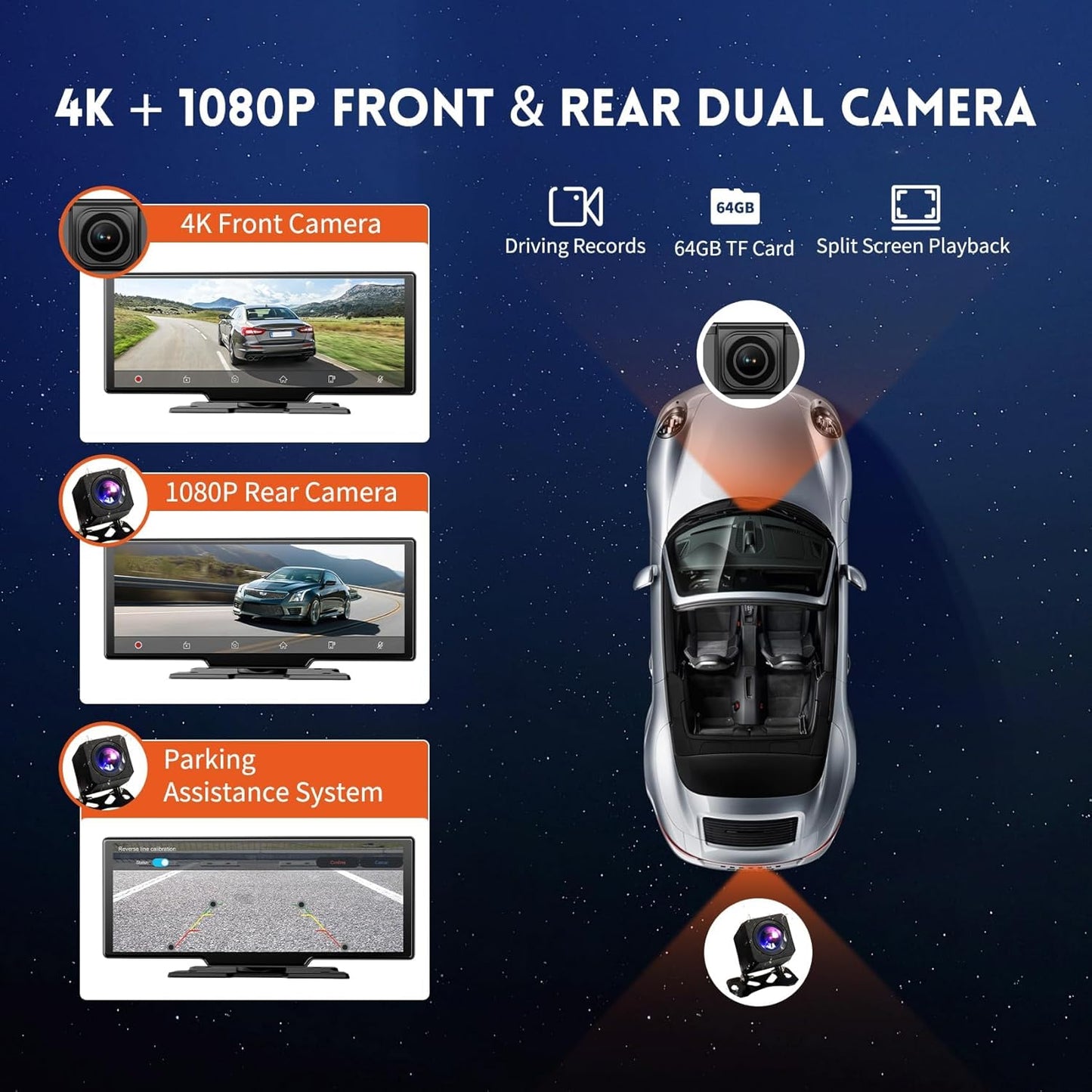 10.26" Wireless Carplay Screen, Portable Car Play & Android Auto Screen, Car Stereo with 4K Dash Cam, HD Touch Screen with 1080P Backup Camera/Mirror Link/Voice Control/GPS/AUX/FM for All Vehicles