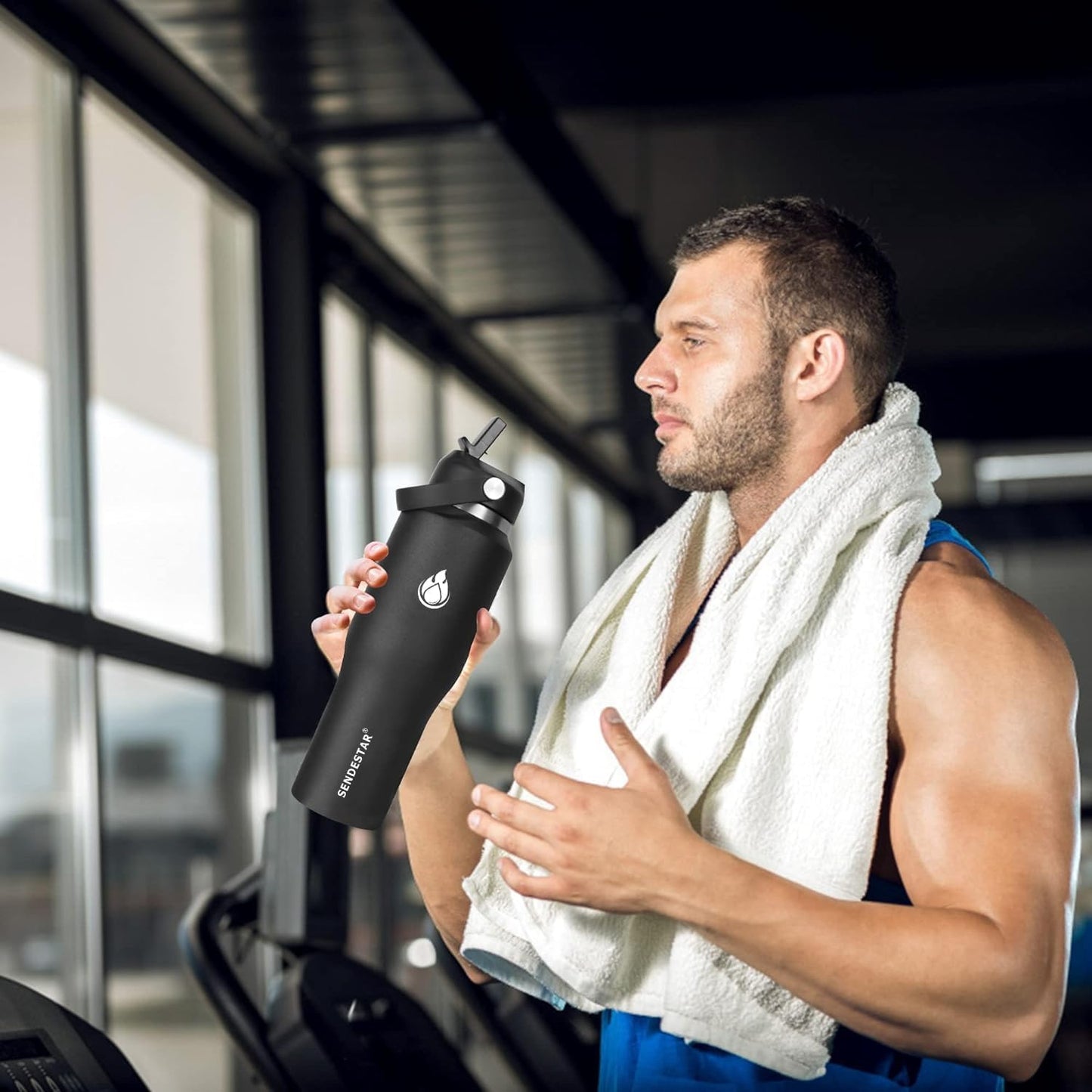 SENDESTAR 32oz Water Bottle Wide Mouth Stainless Steel Vacuum Insulated Double Wall with 2 Straw Lids Fit in Any Car Cup Holder TXIN-32-WV-1