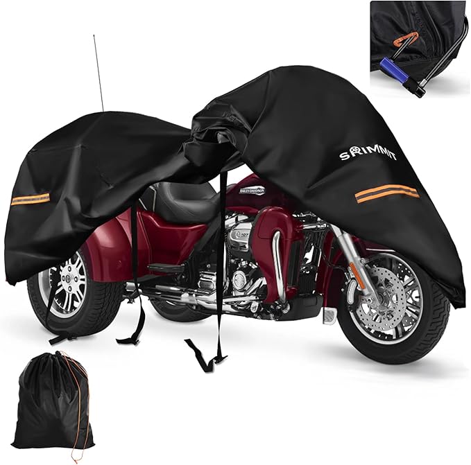 Trike Motorcycle Cover, Covers for 3 Wheel Harley Davidson Waterproof Outdoor Storage, Heavy Duty 420D Oxford Fabric Shelter for Honda, Tri Glide Cover with Zipper for Antenna, Rain Snow Protection