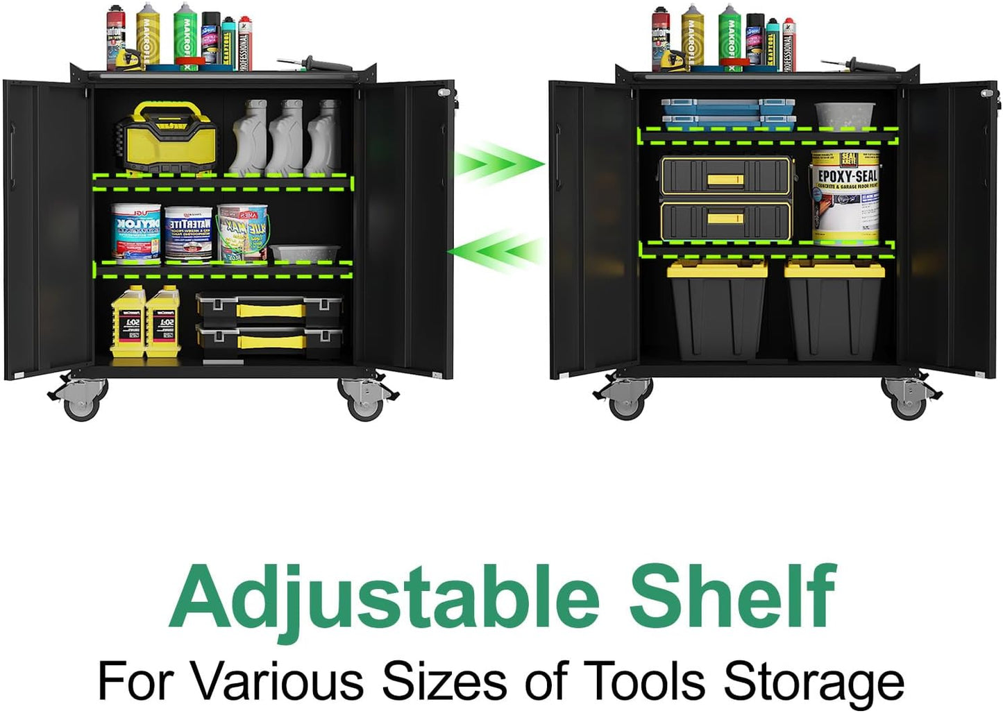 Metal Tool Cabinet,Garage Storage Cabinet System,Wall Cabinet & Locking Rolling Tool Cabinet with Doors and Adjustable Shelves,Steel Tool Cabinets for Home,Office (4 Pcs-StyleC, Black)