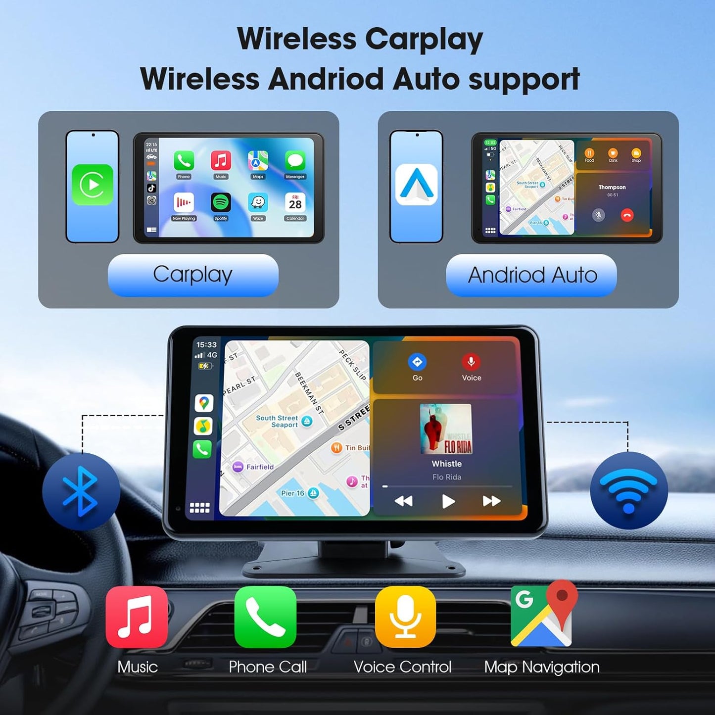 7" Portable Wireless CarPlay & Android Auto Car Stereo with Backup Camera, 7" HD Touch Screen, GPS, Voice Control, Plug & Play for Older Cars - Universal Fit