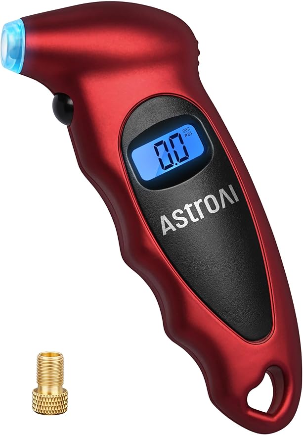 AstroAI Digital Tire Pressure Gauge 0-150PSI, Accurate in 0.1 Increments, Backlit LCD and Presta Valve Adaptor Included, 4 Units of Measurement for Car Truck Bicycle, Red