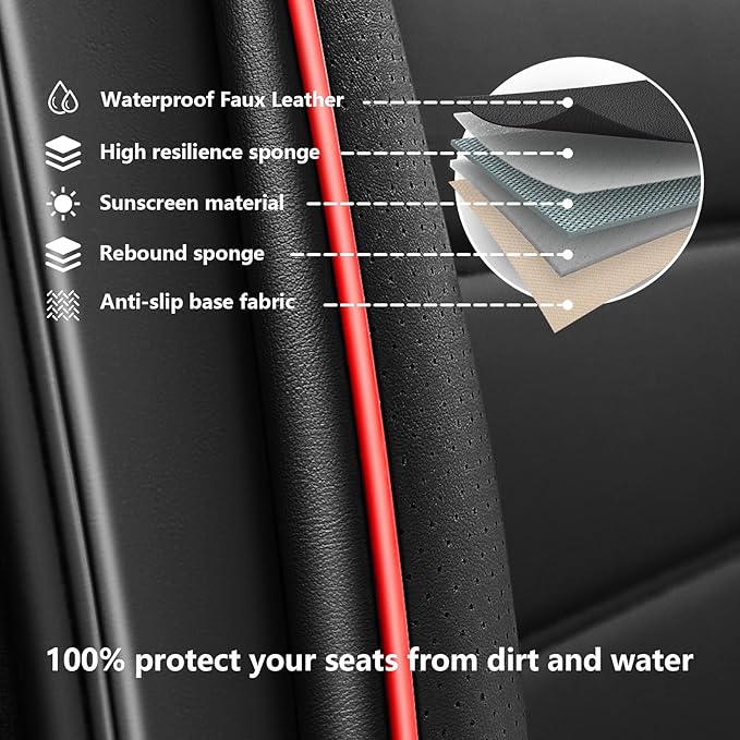 Full Set Car Seat Covers for GMC Sierra 1500/2500/3500 Denali SLT AT4 AT4X Base Seat Covers 2008-2025, Waterproof Premium Nappa Leather Seat Protectors(Luxury 5 Seats/Black&Red)