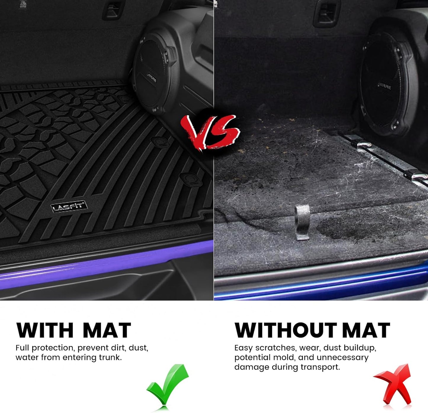 LASFIT Trunk Mat for Jeep Wrangler JL 2018-2025 4 Door Gas Type with Subwoofer and Flat Load Floor (Not for JK/Not PHEV/Not 2-Door) All Weather TPE Custom Fit Cargo Mat, Black