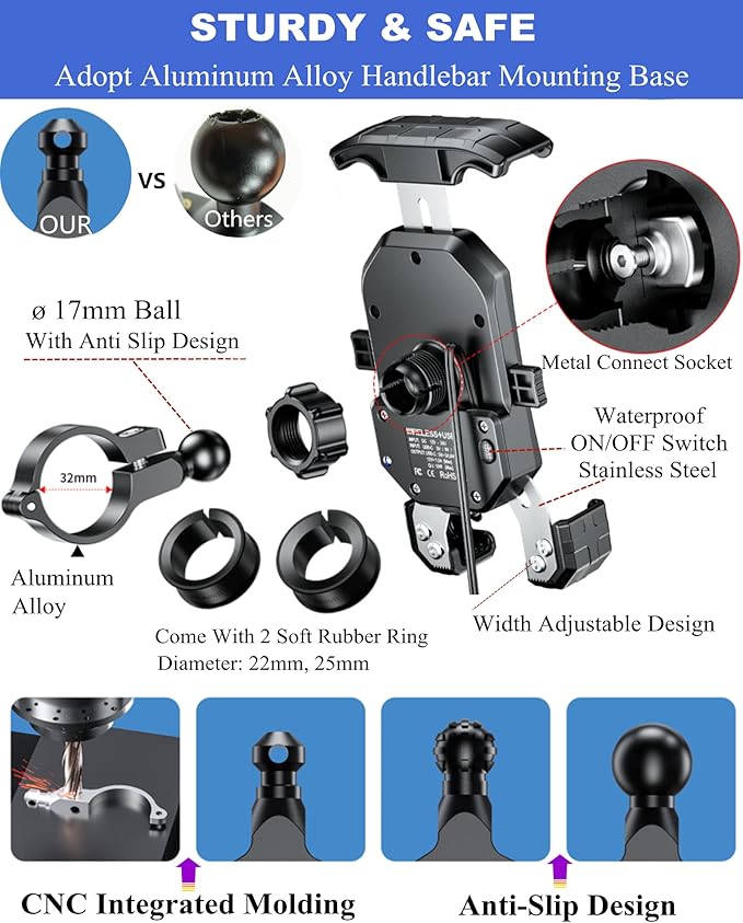 BRCOVAN Motorcycle Phone Mount Holder with Qi 15W Wireless Charger & PD/USB-C 20W Fast Charging Port, [1s Lock] Cellphone Cradle with Aluminum Alloy Handlebar Mounting Base for 4-7'' Smartphone