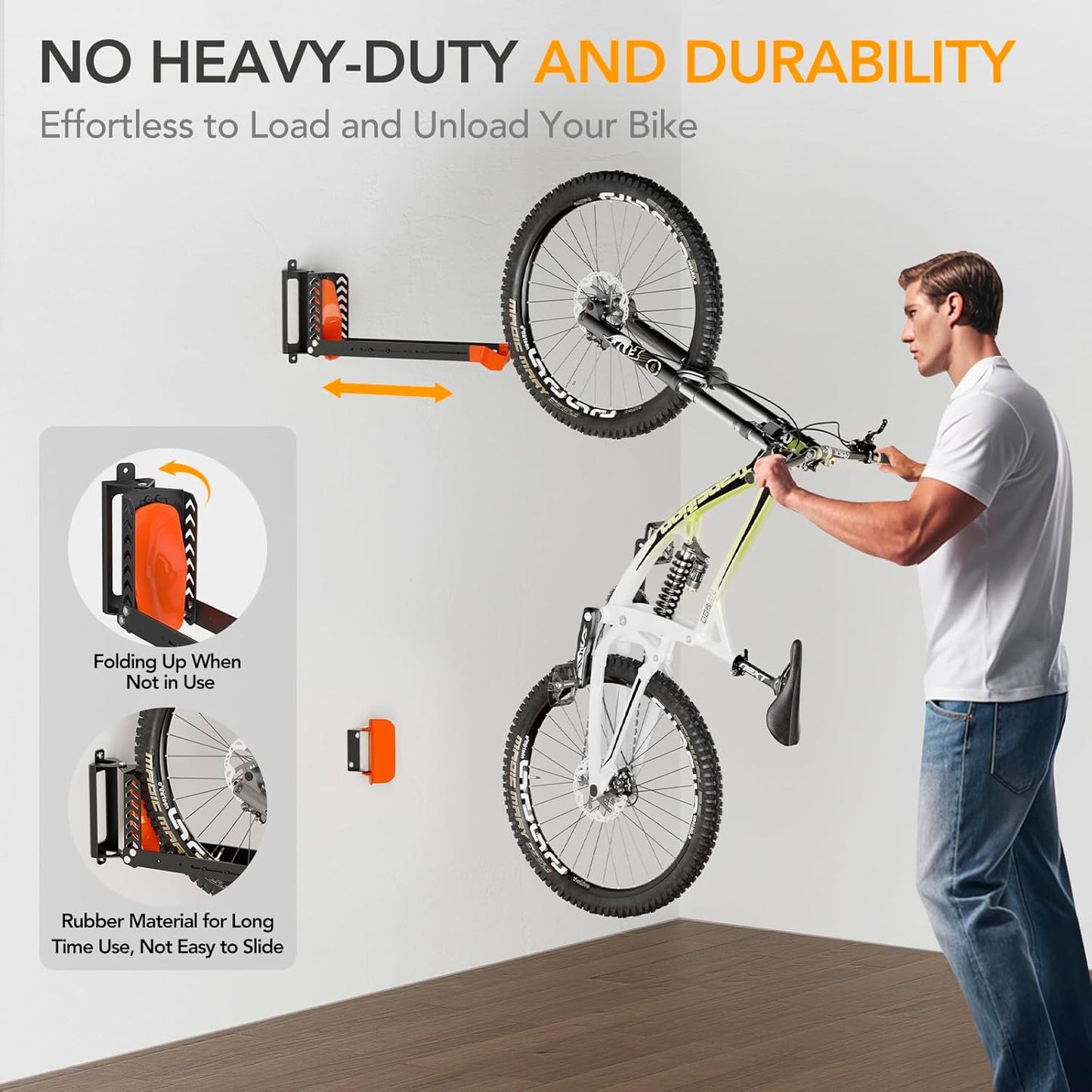 Swivel Bike Rack Wall Mount, Bike Hangers for Garage, Space-Saving Vertical Bike Holder, Holds up to 77 lbs, Bicycle Wall Hanger Storage, No Heavy Lifting Required Indoor Hanging Bike Rack-Orange