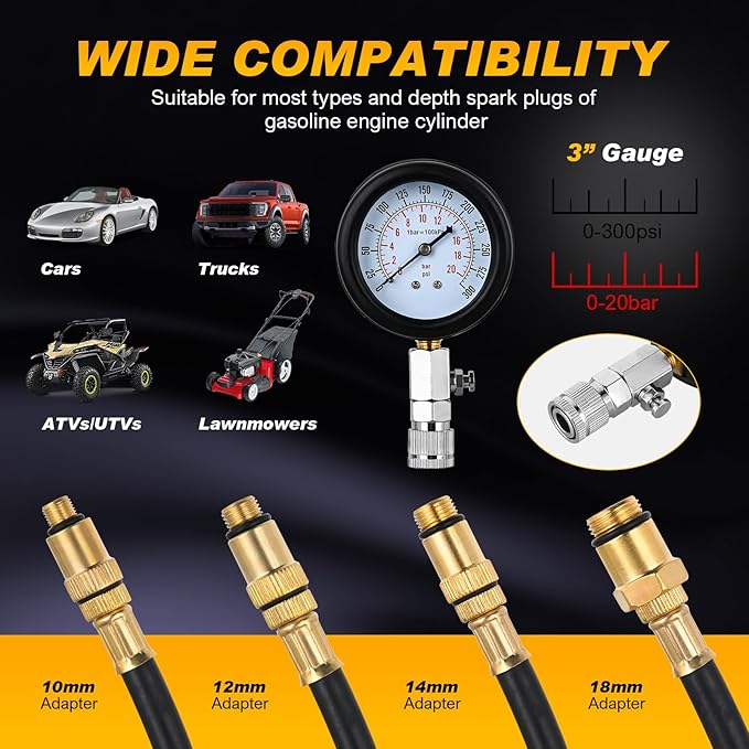 Nilight Compression Tester with Spark Plug Tester, 9PCS Petrol Gas Engine Cylinder Pressure Gauge 0-300 PSI Automotive Tool Set for Cars Trucks Motorcycles