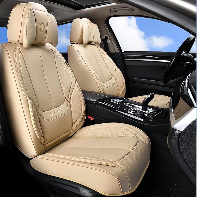 Coverado Universal Seat Covers Front, Universal Seat Covers for Cars, 2-Pack Waterproof Nappa Leather Car Seat Covers with Head Pillow, Auto Protectors Fit for Most Sedans SUV Pick-up Truck-Beige
