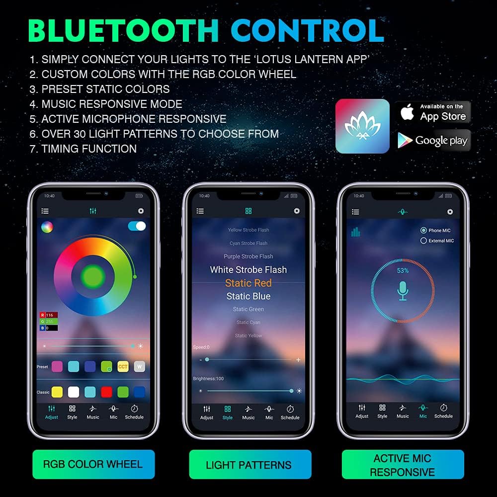 Xprite Bluetooth RGB LED Rock Lights Kit, Multicolor Neon Accent Music Flashing Lighting Underglow Kits with RF Controller for Off-Road, Trucks, Cars, UTV, ATV, SUV, RZR, Motorcycles, Boats - 6 PCS