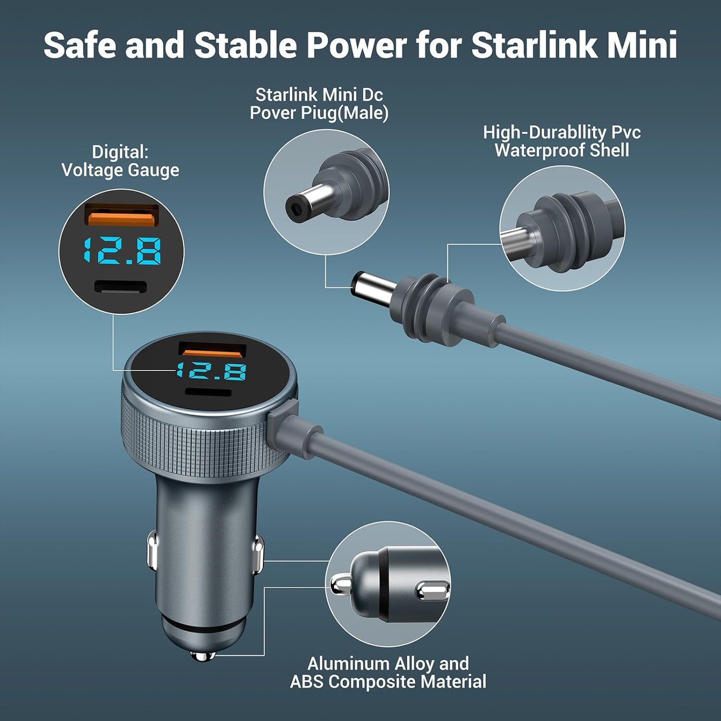 Starlink Mini Cable 12V-48V,Starlink Mini Car Adapter with Digital Display,Cigarette Lighter Adapter with USB C PD 40W& USB A 35W Ports for Trucks and Cars(16.4FT)