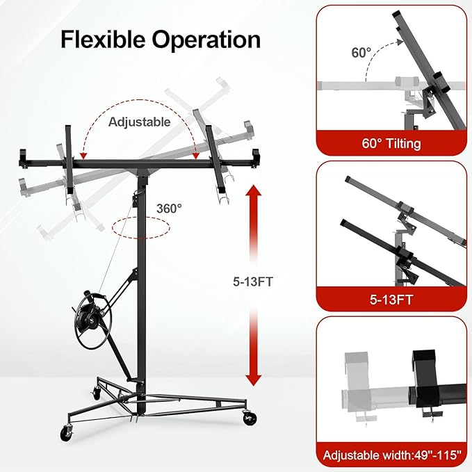 13FT Drywall Lift Sheetrock Lift, 150LBS Capacity, Drywall Lift Panel Hoist with Telescopic Arm, Drywall Jack Lift with 3 Lockable Wheels for Home Improvement Classic, 4'x16' Panel Size, Black