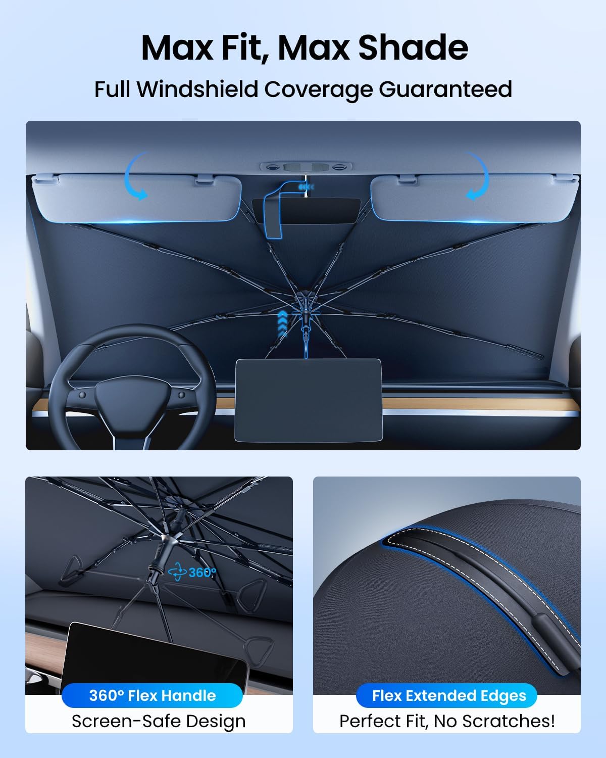 REEVAA 2025 Upgraded Car Windshield Sun Shade Umbrella [100% Sun Protection & Keep Cool] Protect Interior, 360° Flex Handle Sun Shield Sunshade, Small (53''x29'') for Sedans