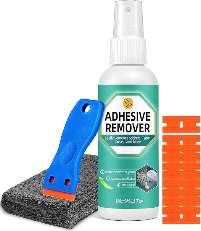 Adhesive Remover Spray, 4.06 Oz Glue Remover with Plastic Scraper and Towel, Surface Safe Sticky Stuff Remover for Car, Windows, Floor, Sticker Remover (1, GREEN)