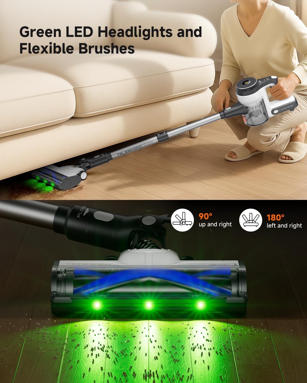 YONNDER Cordless Vacuum Cleaner, 48KPA/550W/60Mins Powerful Stick Vacuum for Home, Anti-Tangle, Self-Standing, Lightweight, Charging Dock, Vacuum Cleaner for Hardwood Floor/Carpet/Pet Hair/Car, M1
