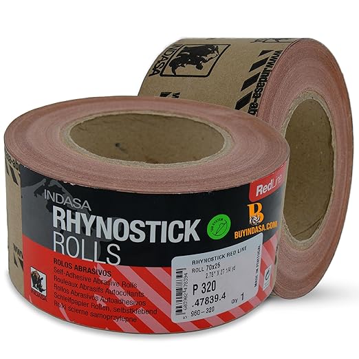 Indasa 2.75" PSA Sandpaper Roll - 27 Yard Rhynostick 220-Grit Long Continuous Roll, Self-Adhesive Stickyback Sand Paper for Woodworking, Automotive, Metal (Aluminum Oxide Plus Lubricant)