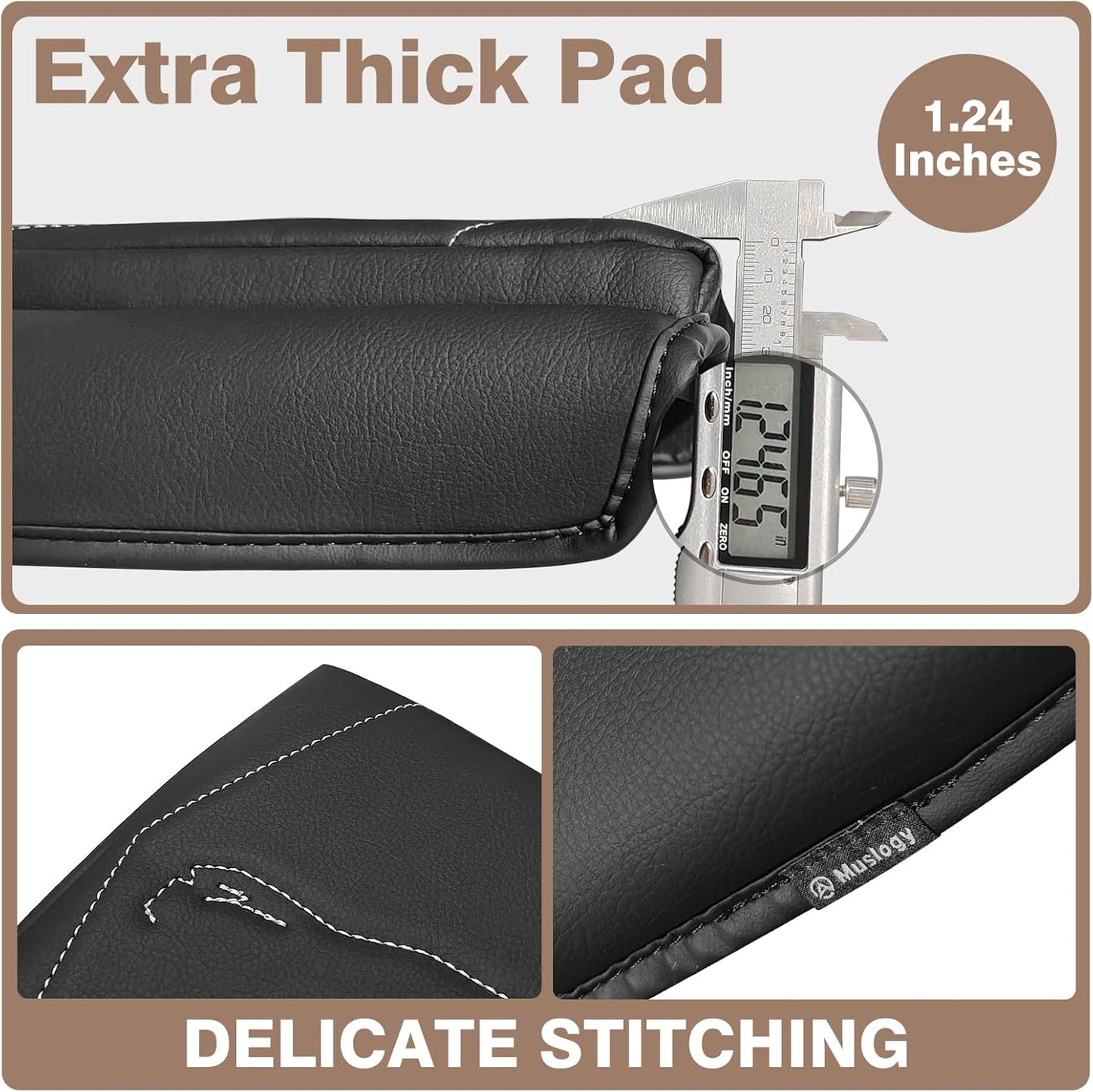 Muslogy Center Console Armrest Cover Compatible with 2024+ Toyota Tacoma 2025+ 4Runner Accessories Armrest Lid Protector Vegan Leather Cushion 1-Inch Extra Thick(Black/Gray Stitching)